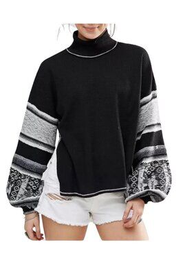Free People Northern Lights Thermal Sweater Sz XS Black Embroidered Boho